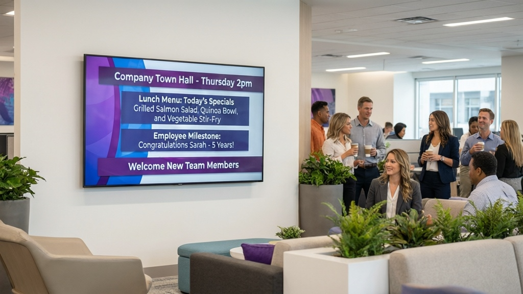 Office lobby digital signage displaying company announcements