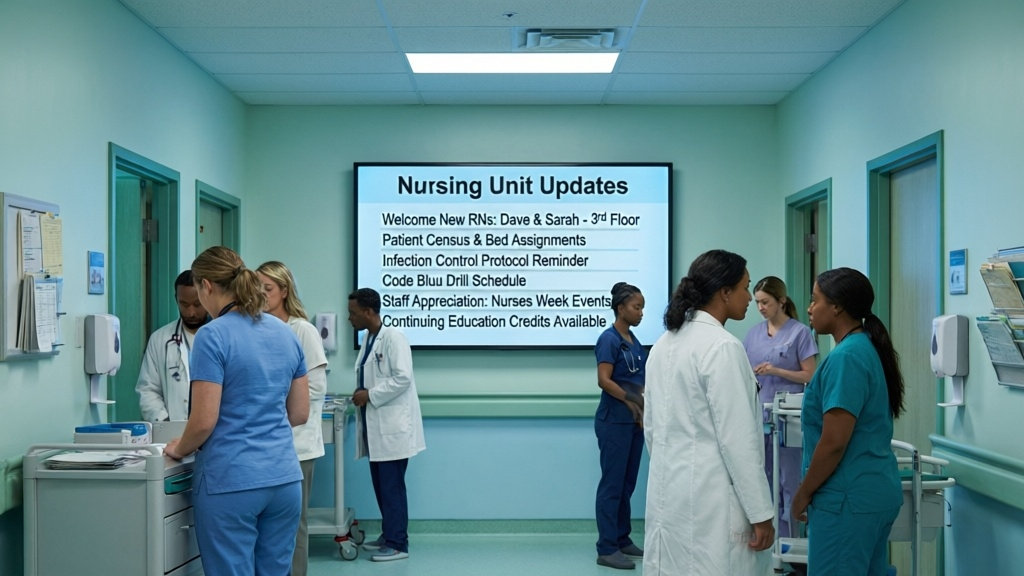 Healthcare staff break room digital signage for shift handoffs and reminders