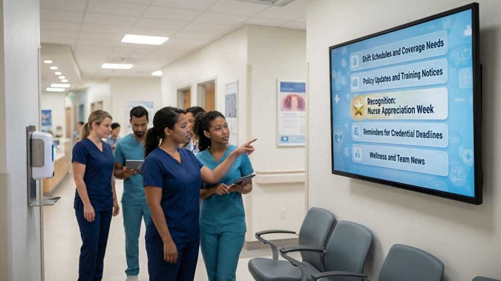 Healthcare staff break room digital signage for shift handoffs and reminders