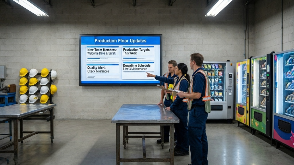 Factory floor digital signage displaying production targets and safety messages