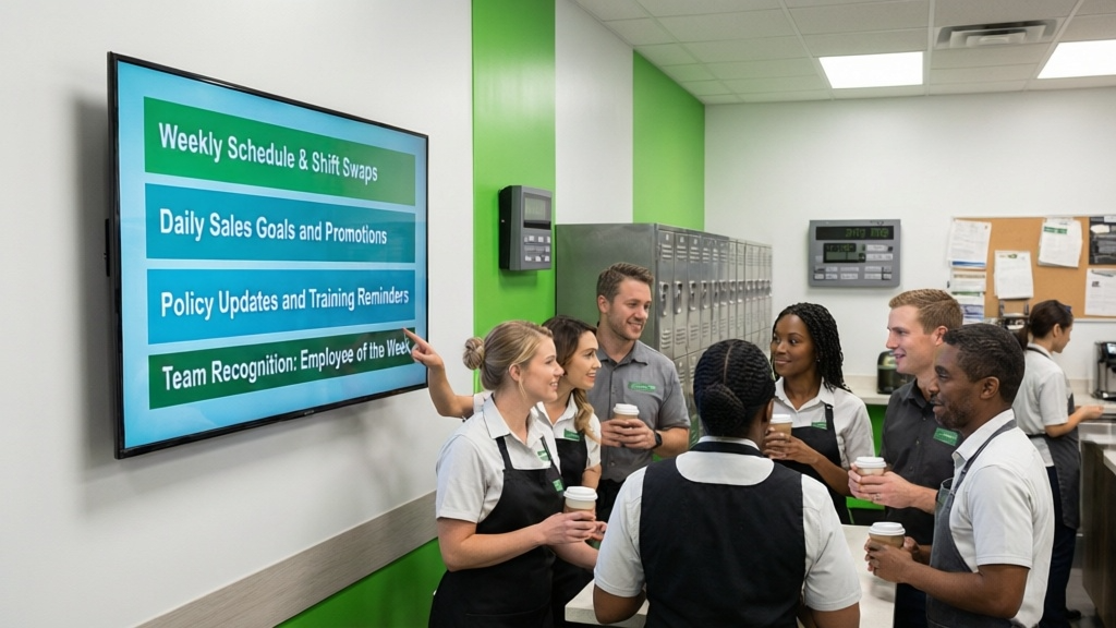 Retail back-of-house digital signage showing staff schedules and announcements