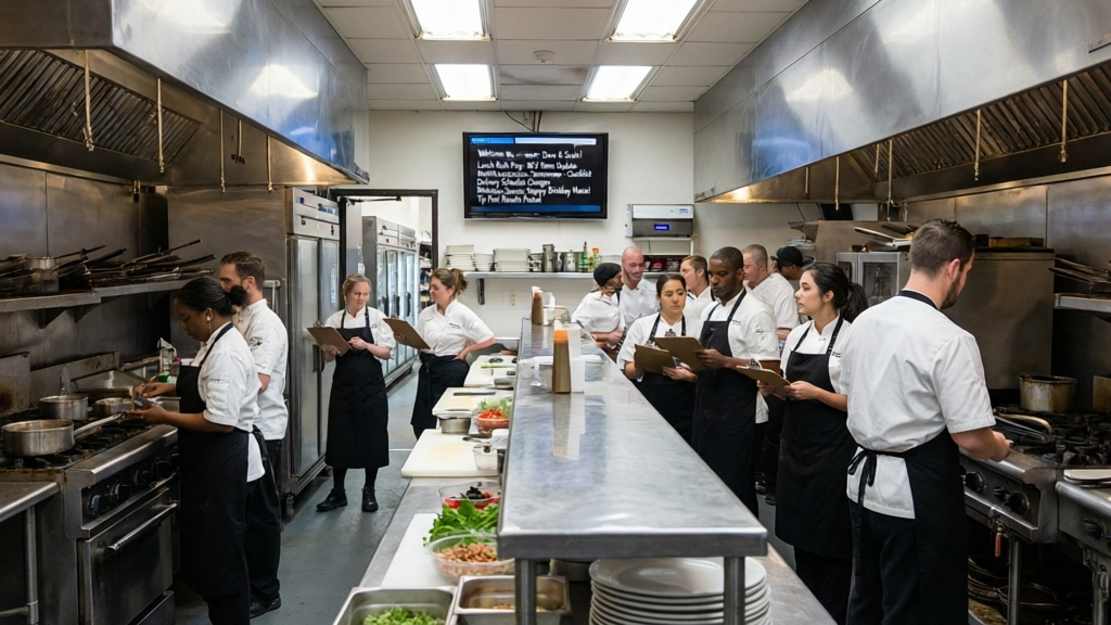 Retail back-of-house digital signage with staff schedules and daily goals