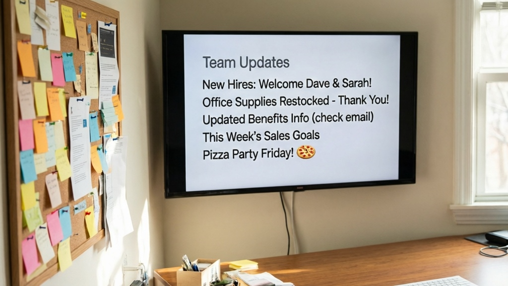 Break room TV displaying employee announcements managed from a phone