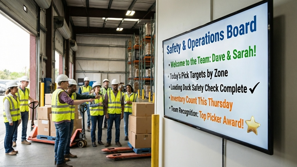 Warehouse break room digital signage showing shift schedules and safety alerts