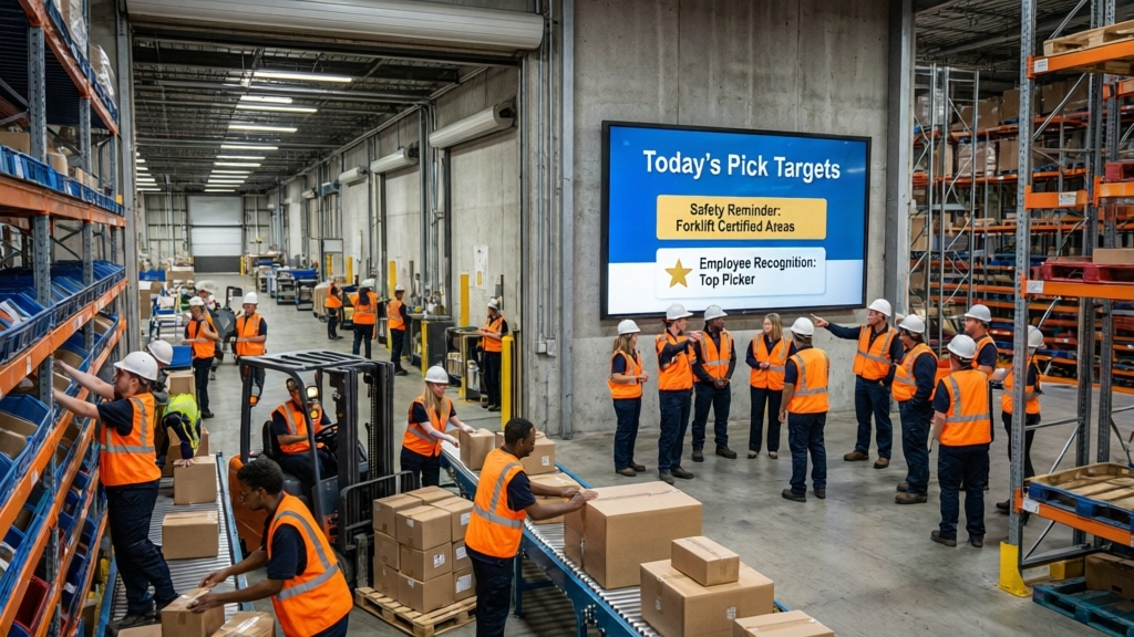 Warehouse break room digital signage showing shift schedules and safety updates